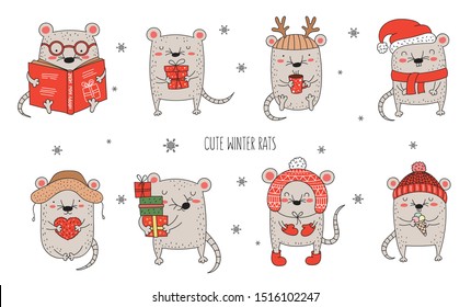 Vector set of line drawing cute winter mice in cozy clothes. Creative collection of funny rats for New 2020 Year. Symbol of the year in the Chinese calendar. Doodle illustration. Winter holidays