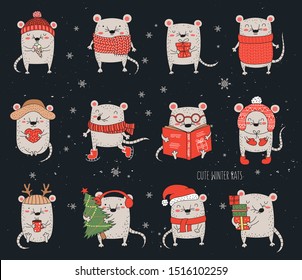 Vector set of line drawing cute winter mice in cozy clothes. Creative collection of funny rats for New 2020 Year. Symbol of the year in the Chinese calendar. Doodle illustration. Winter holidays