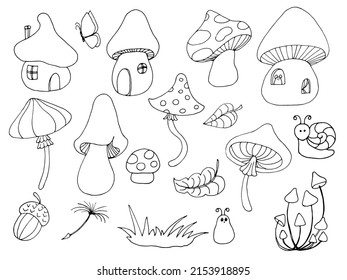 conjunto vectorial de dibujo de línea lindo hongo, página de color