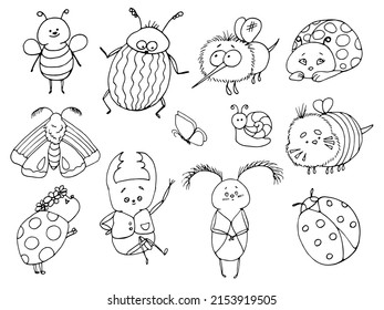 vector set of line drawing cute bugs, beetles, coloring page