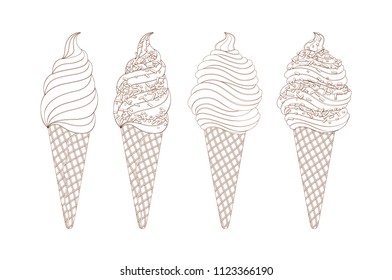 vector set of line drawing ice creams, hand drawn illustration art