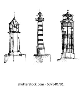 vector set of line drawing lighthouses, hand drawn illustration