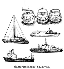 vector set of line drawing ships and boats, hand drawn illustration