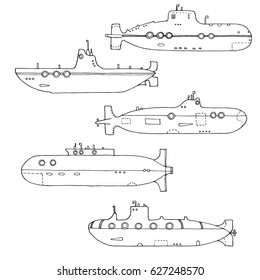 vector set of line drawing submarines, hand drawn illustration
