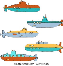 vector set of line drawing submarines, hand drawn illustration