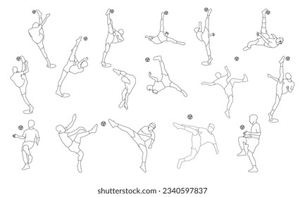 Vector. Montaje de líneas de los jugadores de takraw de sepak masculino. imagen vectorial del logo del jugador de takraw de sepak y el logo del deporte de fútbol Personas jugando al deporte asiático tradicional Sepak Takraw.