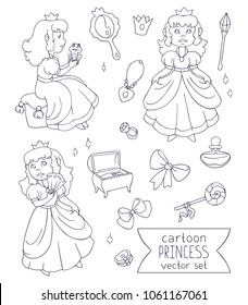 Vector set of line drawings - the princess and her jewelry.