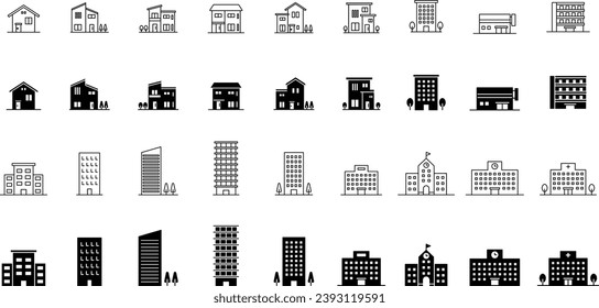 Vector Set of Line Drawings and Silhouettes of Houses and Buildings