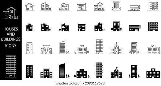 Vector Set of Line Drawings and Silhouettes of Houses and Buildings