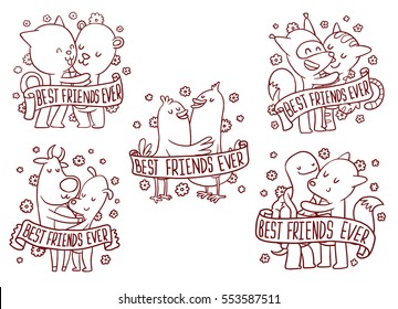 Vector set of line emblems with banners, with cartoon images of cute hugging animals: cat and bear, squirrel and tiger, two birds, bull and dog, turtle and fox on a white background. Best friends ever