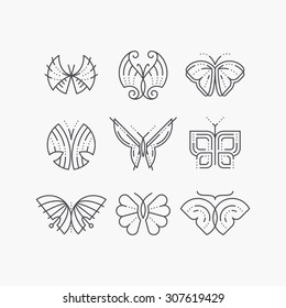 Vector set of line empty butterflies. Monochromatic graphical outline trendy icons, logos, marks. 