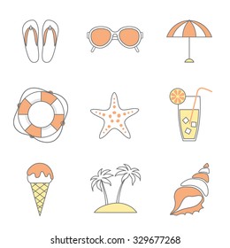 vector set of line flat sea, beach, vacation  icons 