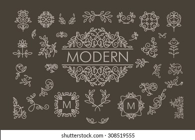  Vector set of line floral design elements for logos, frames and borders in modern style. Good for wedding invitations, page decoration, monogram designs e.t.c.