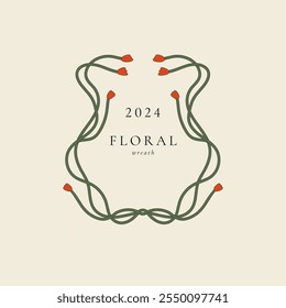 Vector set of line floral wreath. Decorative frame with minimalistic flowers branches and template text. Botanical elements perfect for invitation wedding and birthday cards.