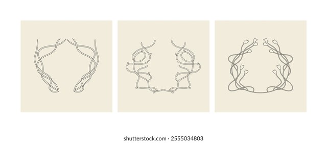 Vector set of line floral wreath. Decorative frame with minimalistic flowers branches. Botanical elements perfect for invitation wedding cards