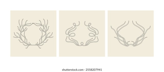 Vector set of line floral wreath. Decorative frame with minimalistic flowers branches. Botanical elements perfect for invitation wedding cards