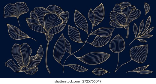 Conjunto de Vector de flores y hojas de línea. El chino dorado se eleva, las ramas en el fondo oscuro aislado. Elegante ilustración de primavera de lujo