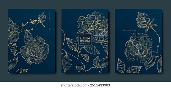 Vector set of line gold art flowers, luxury glitter roses on dark, floral japanese pattern. Card, wallpaper, nature elegant concept, vintage drawing.