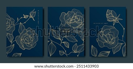 Vector set of line gold art flowers, luxury glitter roses on dark, floral japanese pattern. Card, wallpaper, nature elegant concept, vintage drawing.