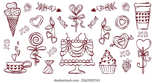 Vector set of line hand drawn sweet elements for Valentine's day. Cake, sweets, cherry, hearts, lollipop, ice cream, cupcake isolated on a white background.