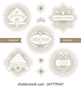 Vector set of line heraldic emblems and  labels with sunburst rays