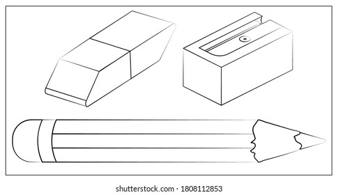 Vector set line icon. Vector outline illustration of pencil,rubber and pencil sharpener for web design, logo, icon, app, UI. Isolated stock illustration on white.