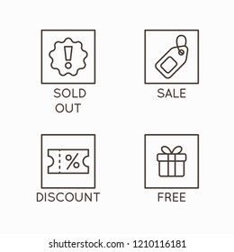 Vector set of line icons and badges - sold out, sale, discount and free - emblems for advertising and promotion online shops and stores