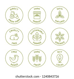 Vector set of line icons and badges for packaging - farm market, local, organic and fresh products direct from farm and locally grown - natural and cruelty free food