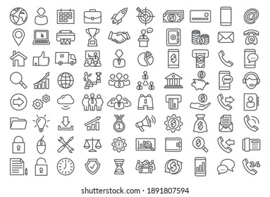 Iconos de línea del conjunto de vectores. Iconos para la financiación de empresas y contacto sobre el fondo blanco.