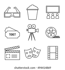 Vector set line icons. Camera, movie, ticket, cinema, popcorn, 3D glasses,  clapboard,  screen, filmstrip, film reel.