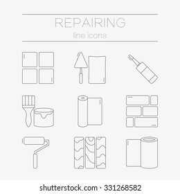 Vector set of line icons for DIY, finishing materials, including tools. 