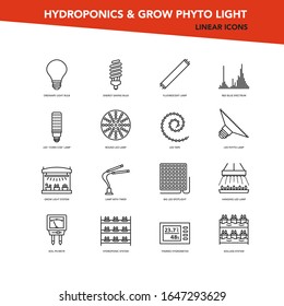 Vector set of line icons - Hydroponics and grow led phyto light