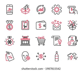 Vector Set de iconos de línea relacionados con los datos de actualización, estadísticas de Smartphone e iconos de correo de amor. Limpieza de ventanas, señales de caja Algoritmo y Megáfono. bola de Navidad, botella de vino y piel de problema. Vector