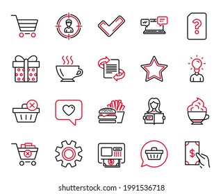Vector Set of line icons related to Education, Woman read and Market sale icons. Cappuccino cream, Shopping cart and Burger signs. Love message, Gift box and Atm. Delete purchase, Star. Vector