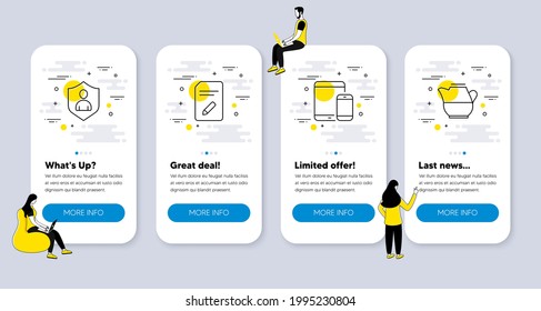 Vector Set of line icons related to Mobile devices, Edit document and Security icons. UI phone app screens with people. Milk jug line symbols. Vector