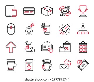 Vector Set of line icons related to Music phone, Brand ambassador and Latte icons. Rejected payment, Credit card and Award cup signs. Mobile devices, Computer mouse and Communication. Tea. Vector