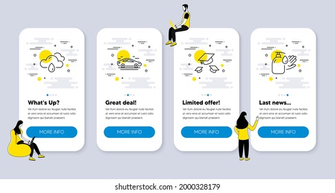 Vektorset von Zeilensymbols, die sich auf Throw-Hüte, Regenwetter und Autosymbole beziehen. UI-Telefon-App-Bildschirme mit Menschen. Zeilensymbole waschen. Hochschulabschluss, Regen, Verkehr. Flüssige Seife. Vektorgrafik