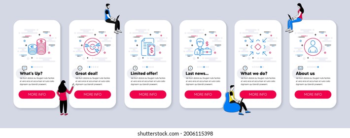 Vector Set of line icons related to Minimize, Targeting and Currency icons. UI phone app screens with teamwork. Businessman case, Payment and Avatar line symbols. Vector