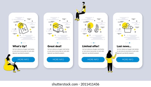 Vector Set of line icons related to Search package, Laurel wreath and Discount tags icons. UI phone app screens with people. Send box line symbols. Vector