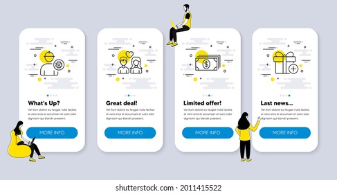 Vector Set of line icons related to Engineer, Banking and Couple love icons. UI phone app screens with people. Add gift line symbols. Worker with cogwheel, Money payment, People in love. Vector