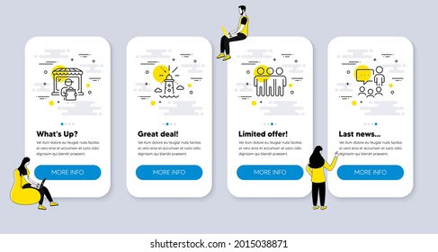 Vector Set de iconos de línea relacionados con el faro, el mercado de entrega y los iconos de Amistad. pantallas de aplicación de la interfaz de usuario con personas. Gente chateando símbolos de línea. Vector