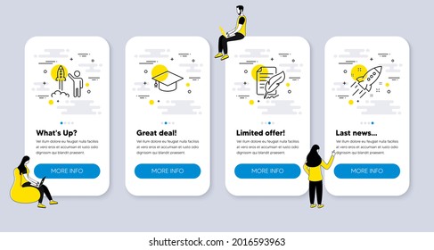 Vector Set of line icons related to Feather signature, Graduation cap and Launch project icons. UI phone app screens with people. Startup rocket line symbols. Vector