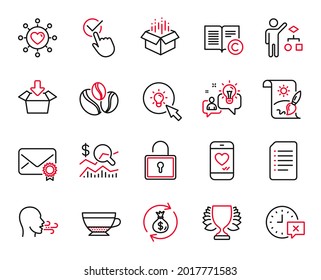Vector Set of line icons related to Document, Money exchange and Checkbox icons. Idea, Check investment and Energy signs. Lock, Dry cappuccino and Time. Dating network, Coffee-berry beans. Vector