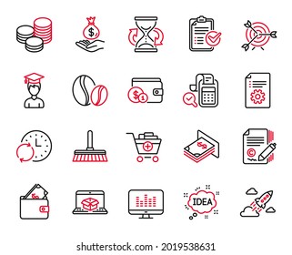 Vector Set of line icons related to Music making, Tips and Coffee beans icons. Wallet, Technical documentation and Update time signs. Online delivery, Atm money and Startup rocket. Idea. Vector