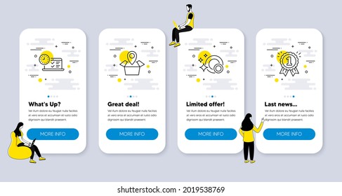 Vector Set de iconos de línea relacionados con pruebas en línea, platos limpios e iconos de ubicación del paquete. pantallas de aplicación de la interfaz de usuario con personas. Símbolos de línea de recompensa. Vector