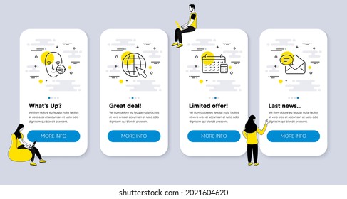 Vector Set of line icons related to Internet, Problem skin and Calendar icons. UI phone app screens with people. New mail line symbols. World web, Facial care, Calculator device. Vector