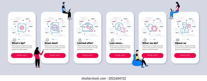 Vector Set of line icons related to Cogwheel, Tool case and Balloon dart icons. UI phone app screens with teamwork. User, Seo file and Valet servant line symbols. Vector