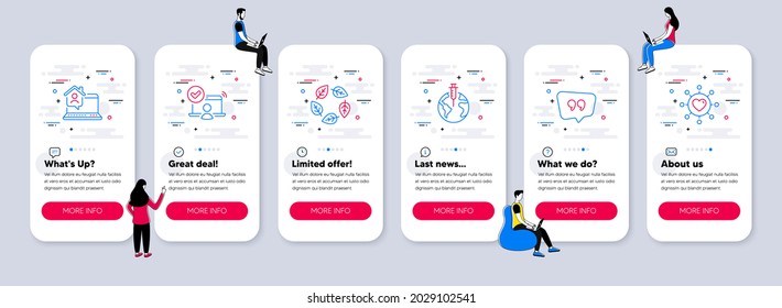 Vector Set de iconos de línea relacionados con el hogar de trabajo, burbuja de cotizaciones e iconos de acceso en línea. pantallas de aplicación de teléfono de interfaz de usuario con trabajo en equipo. Vacuna pandémica, símbolos de la línea de red Orgánica probada y Dating. Vector