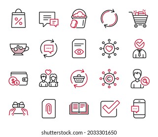 Vector Set of line icons related to Shopping bag, Vacancy and Comment icons. Refresh cart, Smartphone message and Shopping cart signs. Attachment, Copywriting network and Sponge. Checkbox. Vector