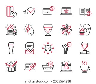Vector Set of line icons related to Cream, Agent and Cashback icons. Best manager, Delete purchase and Beer glass signs. Winner podium, Facts and Payment card. Brainstorming, Face cream. Vector